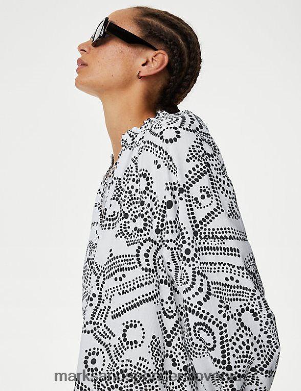 Midi kaftan obleka s potiskom iz čistega bombaža bela mešanica Marks & Spencer oblačila ženske 6T8F6X131