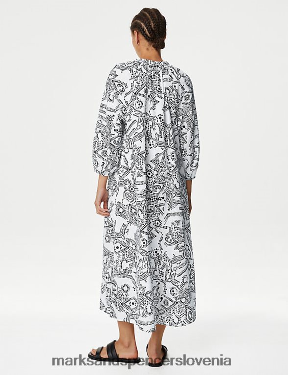 Midi kaftan obleka s potiskom iz čistega bombaža bela mešanica Marks & Spencer oblačila ženske 6T8F6X131