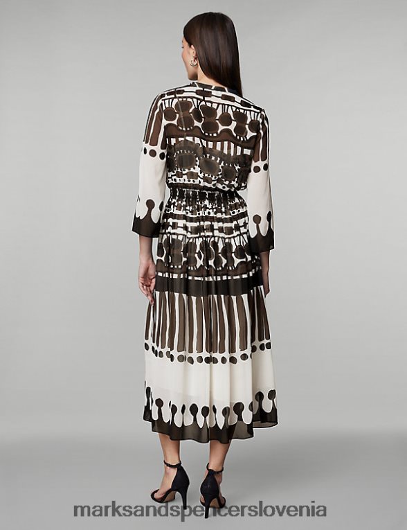 Midi pasirana obleka z v-izrezom in potiskom georgette rjava mešanica Marks & Spencer oblačila ženske 6T8F6X141