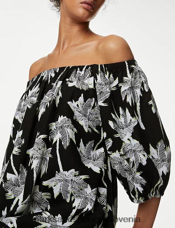 laneno bogato potiskana bardot obleka črna mešanica Marks & Spencer oblačila ženske 6T8F6X673