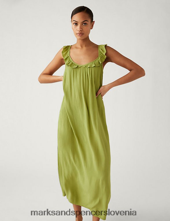 midaxi cami obleka z okroglim izrezom in volančki kaki Marks & Spencer oblačila ženske 6T8F6X2550