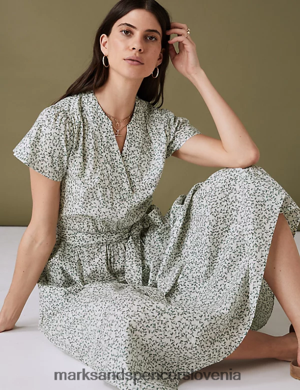 midaxi obleka iz čistega bombaža s cvetličnim zarezo zelena mešanica Marks & Spencer oblačila ženske 6T8F6X2640