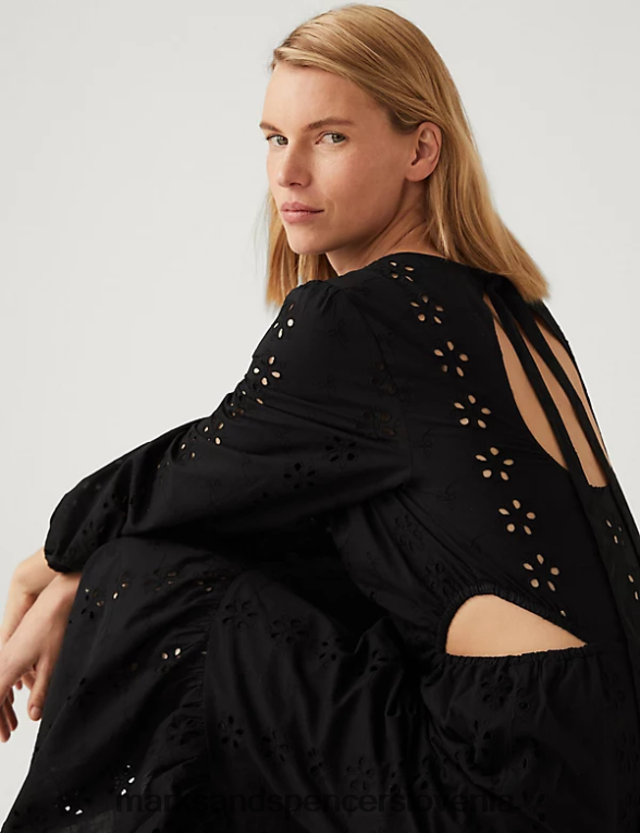 midaxi obleka s pasom iz čistega bombaža Črna Marks & Spencer oblačila ženske 6T8F6X1162