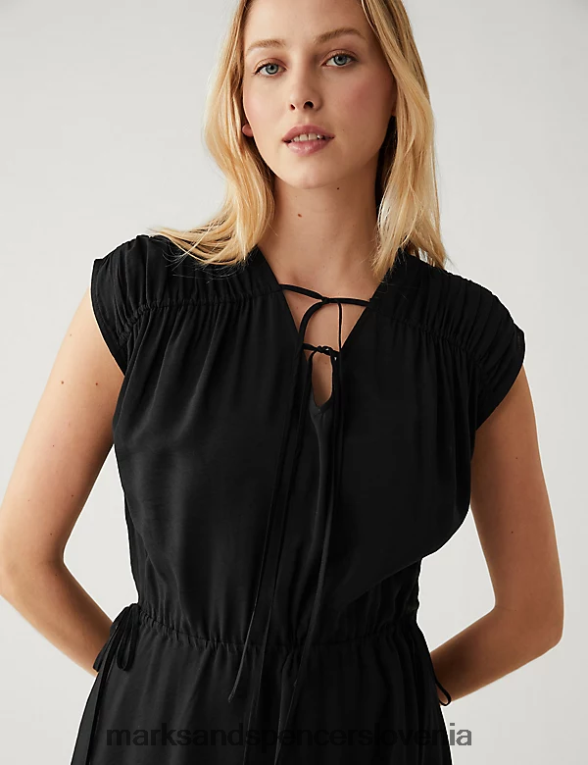 midaxi obleka s pasom na zavezovanje Črna Marks & Spencer oblačila ženske 6T8F6X3145