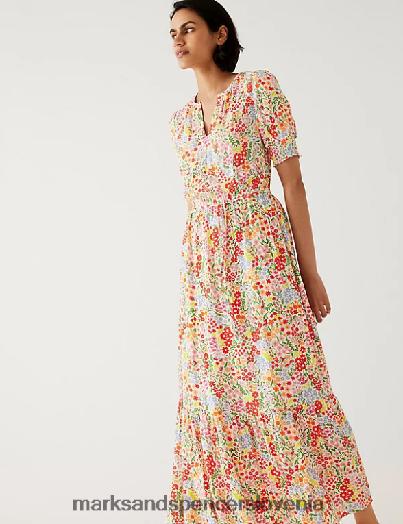 midaxi obleka s potiskom in okroglim izrezom multi Marks & Spencer oblačila ženske 6T8F6X732