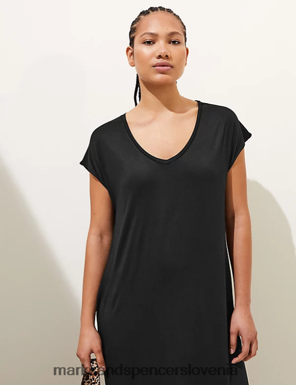 midi majica z v-izrezom iz džersija Črna Marks & Spencer oblačila ženske 6T8F6X2346