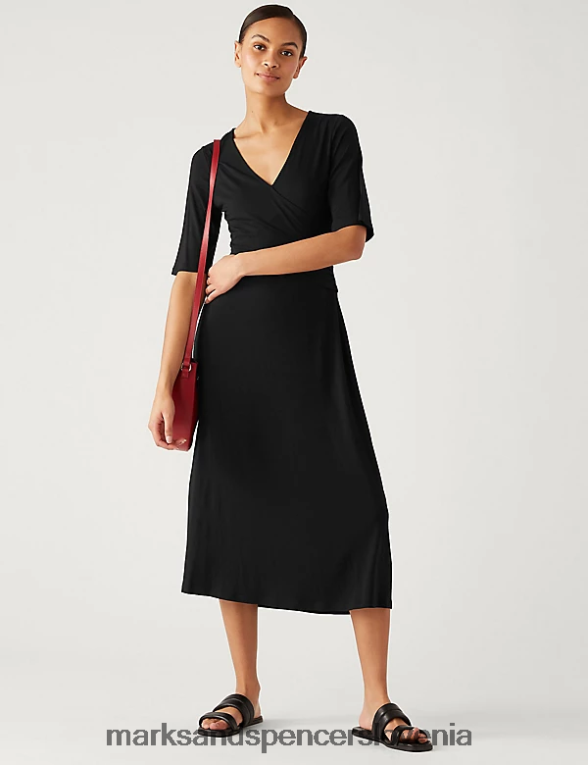 midi obleka iz džersija z v-izrezom Črna Marks & Spencer oblačila ženske 6T8F6X1463