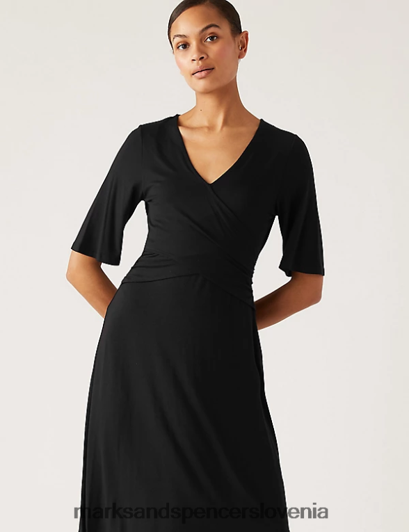 midi obleka iz džersija z v-izrezom Črna Marks & Spencer oblačila ženske 6T8F6X1463
