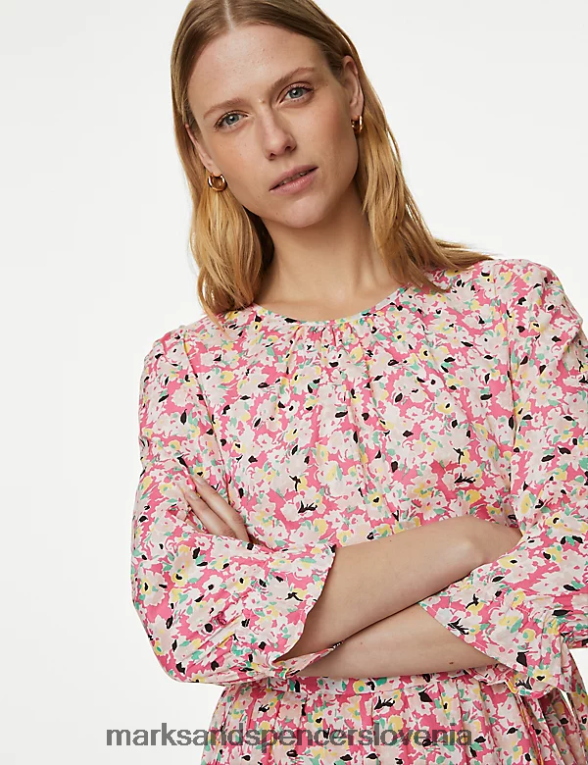 midi obleka iz čistega bombaža s cvetličnim pasom roza mešanica Marks & Spencer oblačila ženske 6T8F6X1143