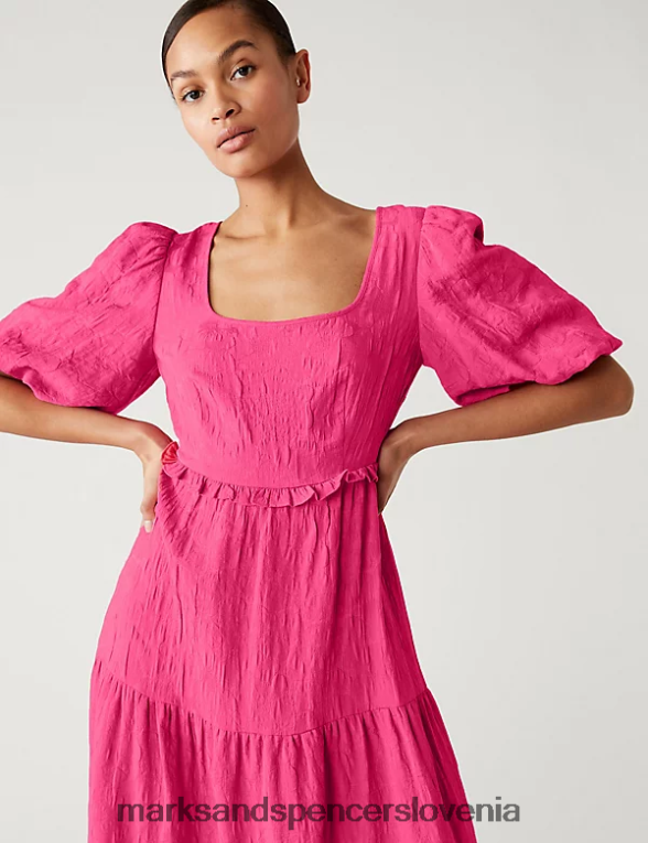 midi obleka s cvetličnim žakarjem s kvadratnim izrezom roza Marks & Spencer oblačila ženske 6T8F6X1754
