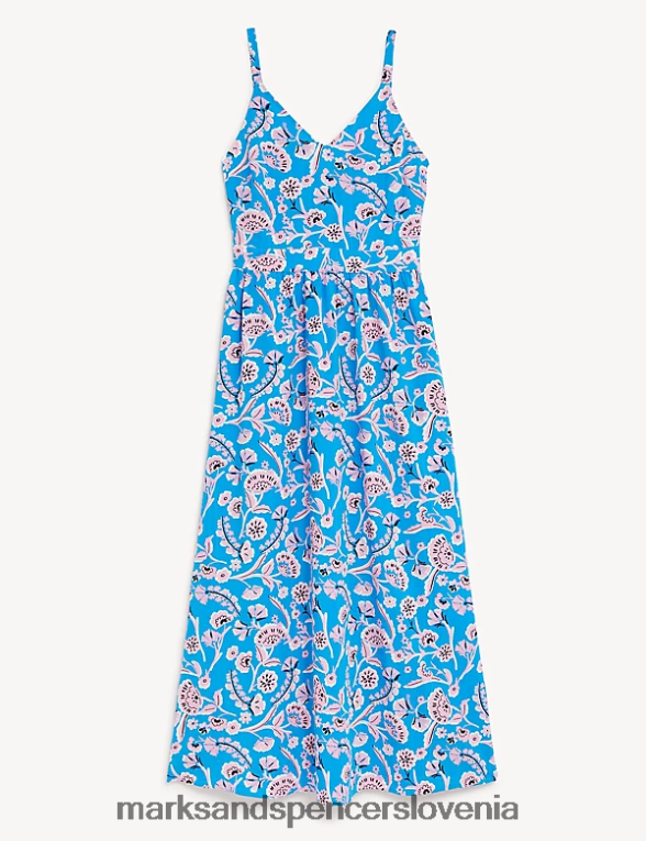 midi obleka s cvetličnim v-izrezom in naramnicami modra mešanica Marks & Spencer oblačila ženske 6T8F6X477