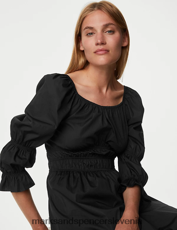 midi obleka s kvadratnim izrezom iz čistega bombaža Črna Marks & Spencer oblačila ženske 6T8F6X95