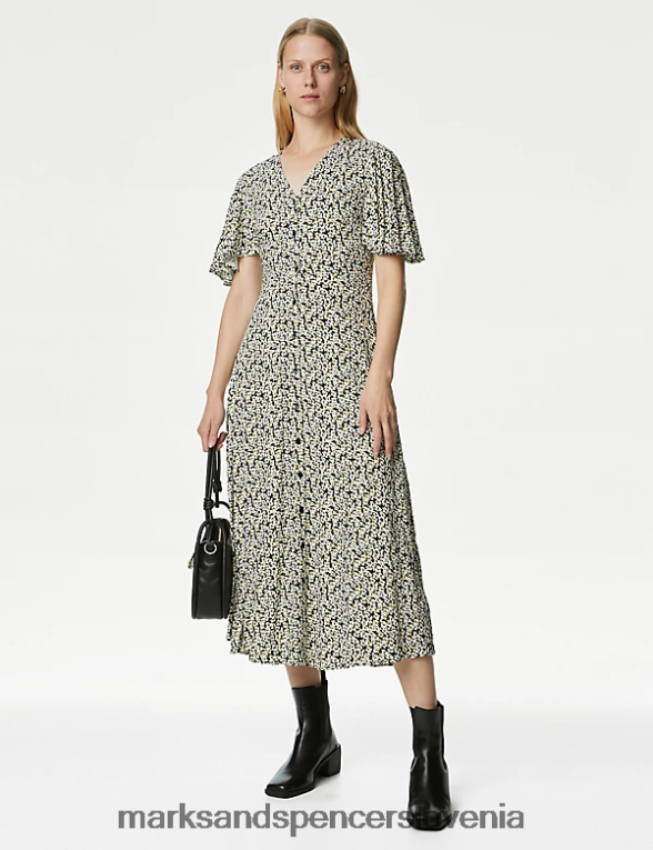 midi obleka s tiskanim v-izrezom črna mešanica Marks & Spencer oblačila ženske 6T8F6X1421