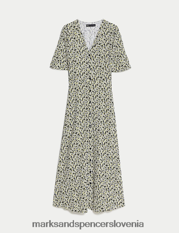 midi obleka s tiskanim v-izrezom črna mešanica Marks & Spencer oblačila ženske 6T8F6X1421