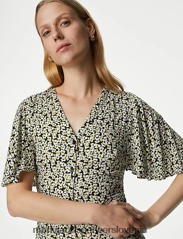 midi obleka s tiskanim v-izrezom črna mešanica Marks & Spencer oblačila ženske 6T8F6X1421