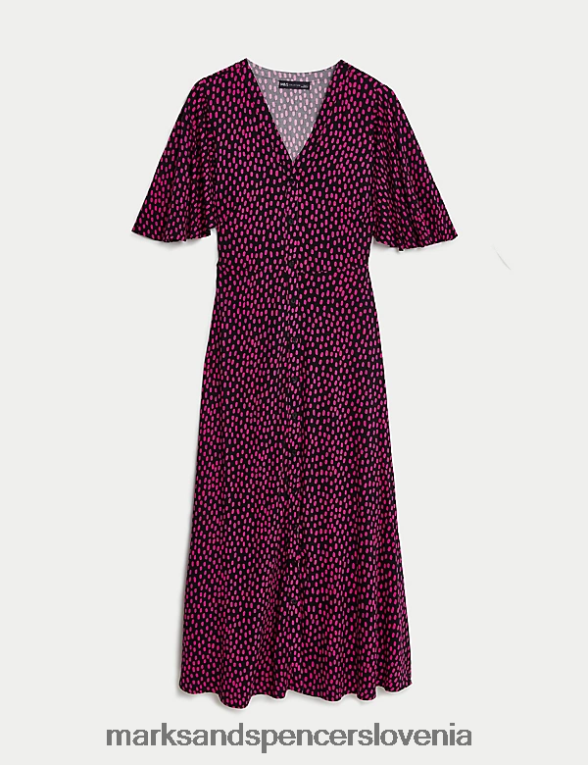 midi obleka s tiskanim v-izrezom roza mešanica Marks & Spencer oblačila ženske 6T8F6X1740