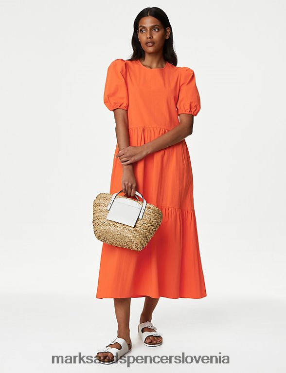 midi obleka z bogatimi bombažnimi puf rokavi oranžna Marks & Spencer oblačila ženske 6T8F6X1592