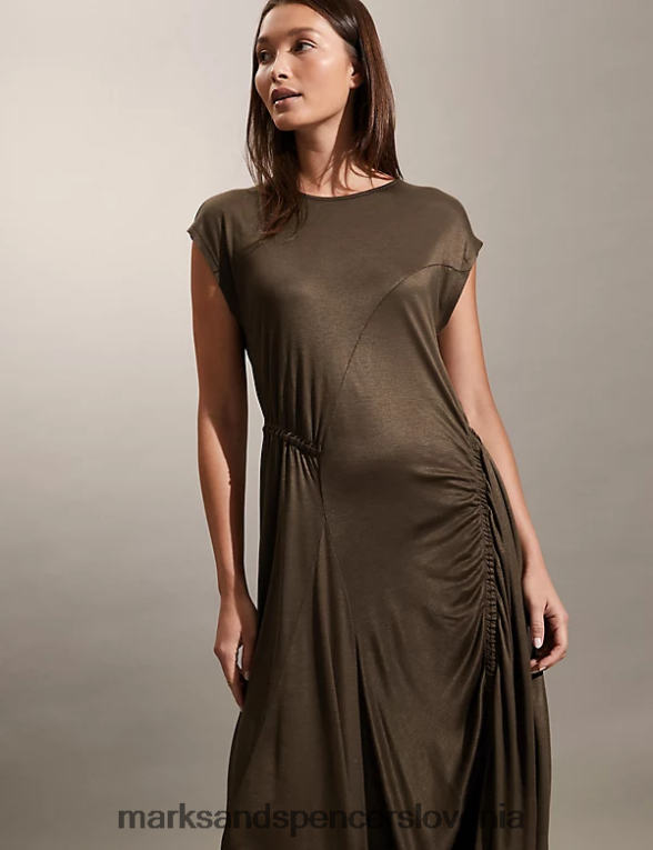 midi obleka z naborki rjav Marks & Spencer oblačila ženske 6T8F6X2011
