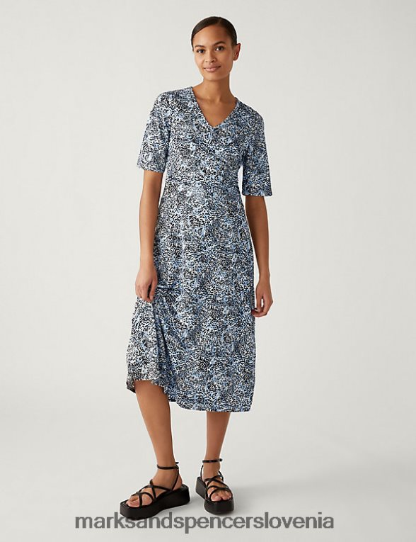 midi obleka z v-izrezom in potiskom iz džersija multi Marks & Spencer oblačila ženske 6T8F6X1439