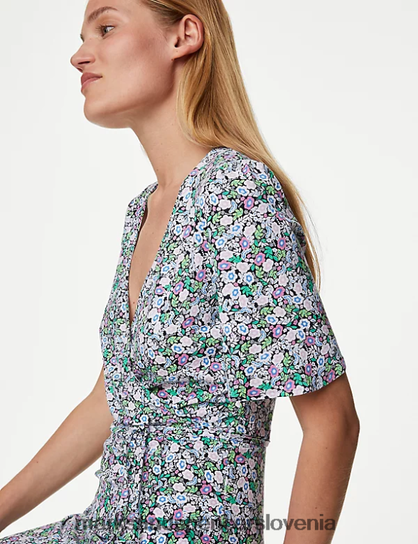 midi obleka z v-izrezom in potiskom iz džersija multi Marks & Spencer oblačila ženske 6T8F6X445