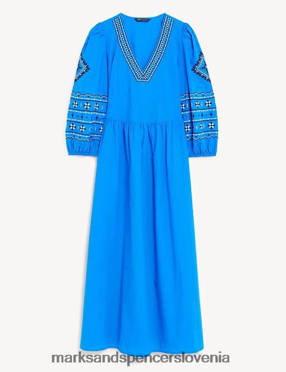 midi obleka z vezenim v-izrezom iz čistega bombaža modra Marks & Spencer oblačila ženske 6T8F6X98