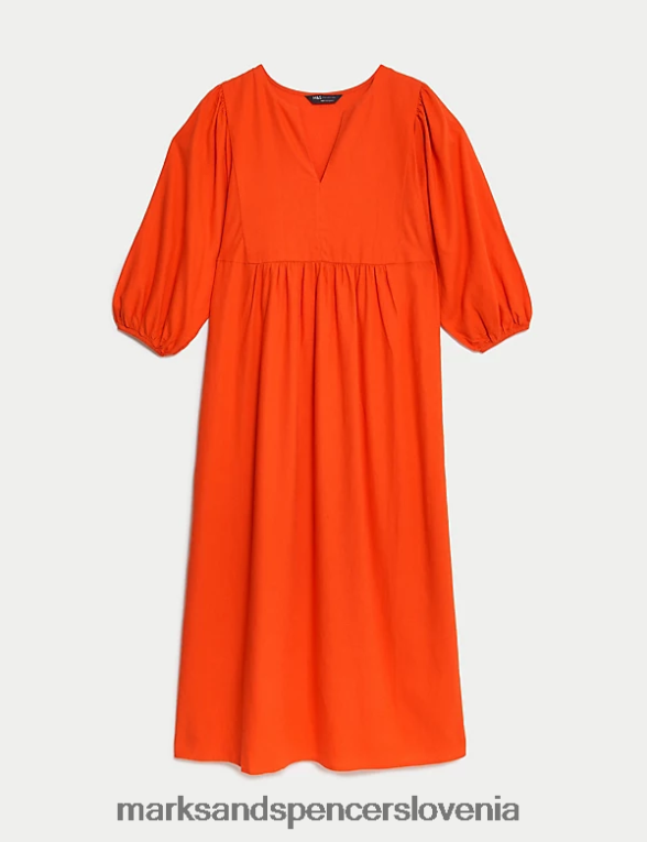 midi obleka za plažo z bogatim lanom in v-izrezom svetlo oranžna Marks & Spencer oblačila ženske 6T8F6X57