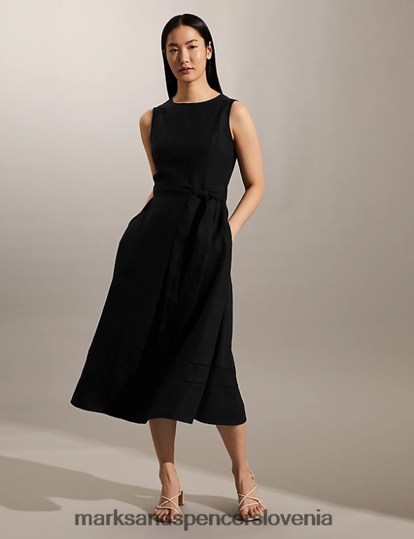 midi rolkarska obleka s pasom iz čistega lanu Črna Marks & Spencer oblačila ženske 6T8F6X1812