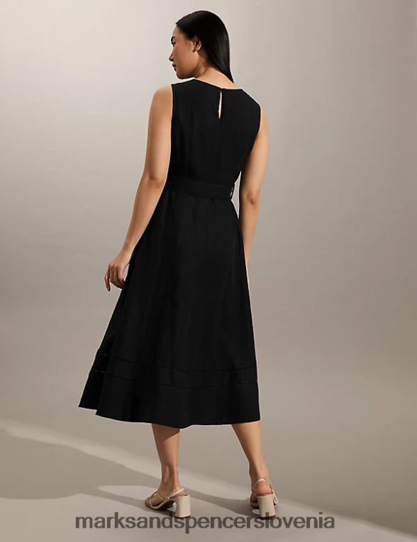 midi rolkarska obleka s pasom iz čistega lanu Črna Marks & Spencer oblačila ženske 6T8F6X1812