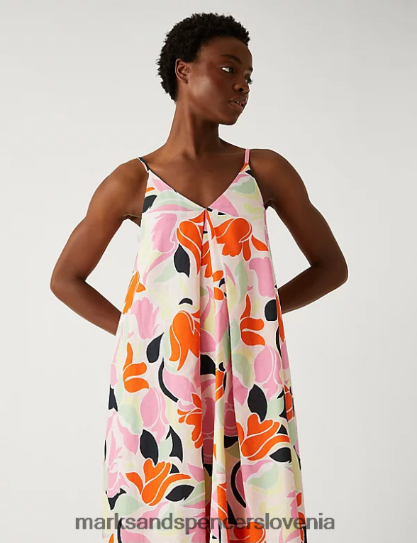 midi slip obleka z bogatim lanom in v-izrezom multi Marks & Spencer oblačila ženske 6T8F6X266