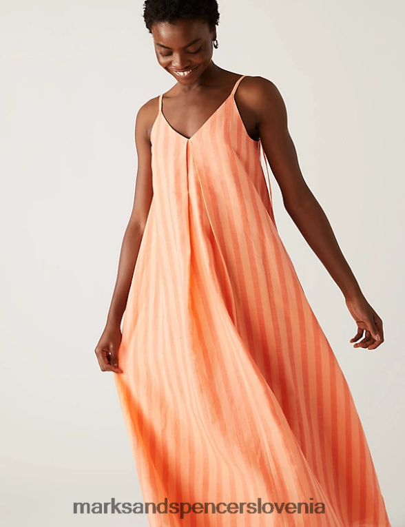 midi slip obleka z bogatim lanom in v-izrezom pomarančna mešanica Marks & Spencer oblačila ženske 6T8F6X598