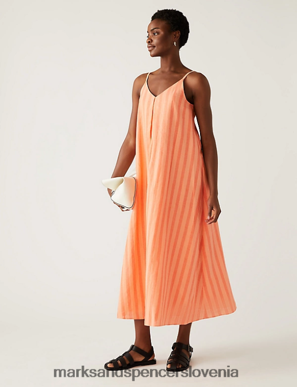 midi slip obleka z bogatim lanom in v-izrezom pomarančna mešanica Marks & Spencer oblačila ženske 6T8F6X598