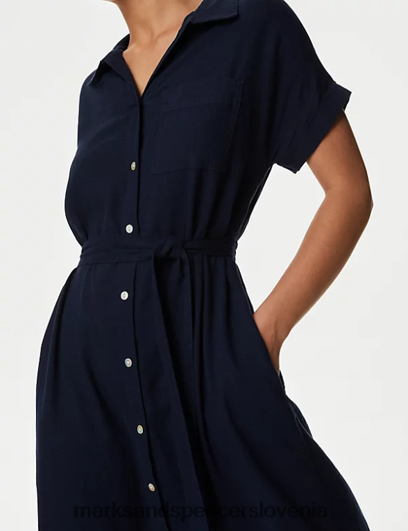 midi srajčna obleka iz mešanice lanu mornarica Marks & Spencer oblačila ženske 6T8F6X46