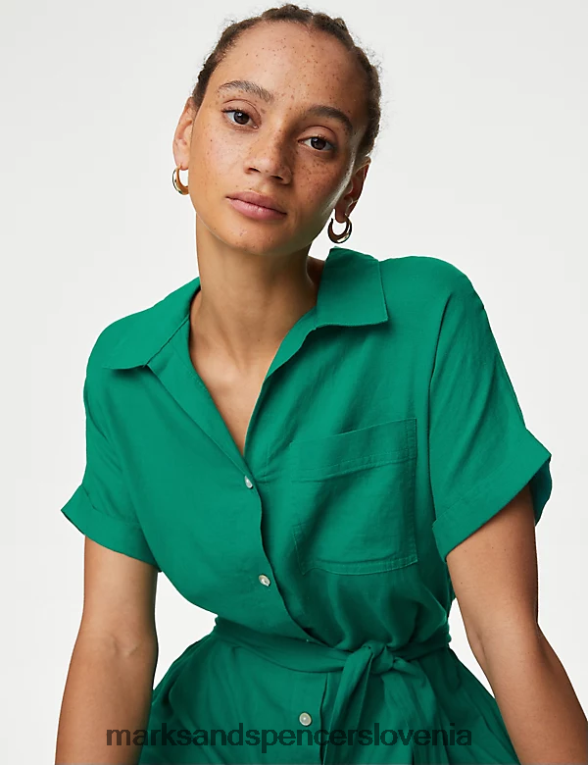 midi srajčna obleka iz mešanice lanu svetlo zelena Marks & Spencer oblačila ženske 6T8F6X352