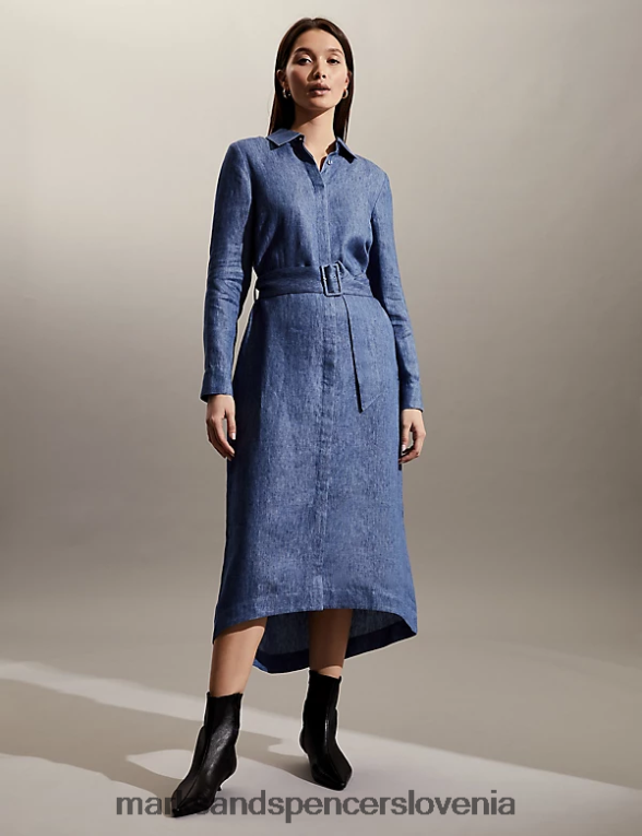 midi srajčna obleka s pasom iz čistega lanu bledo modra Marks & Spencer oblačila ženske 6T8F6X1375