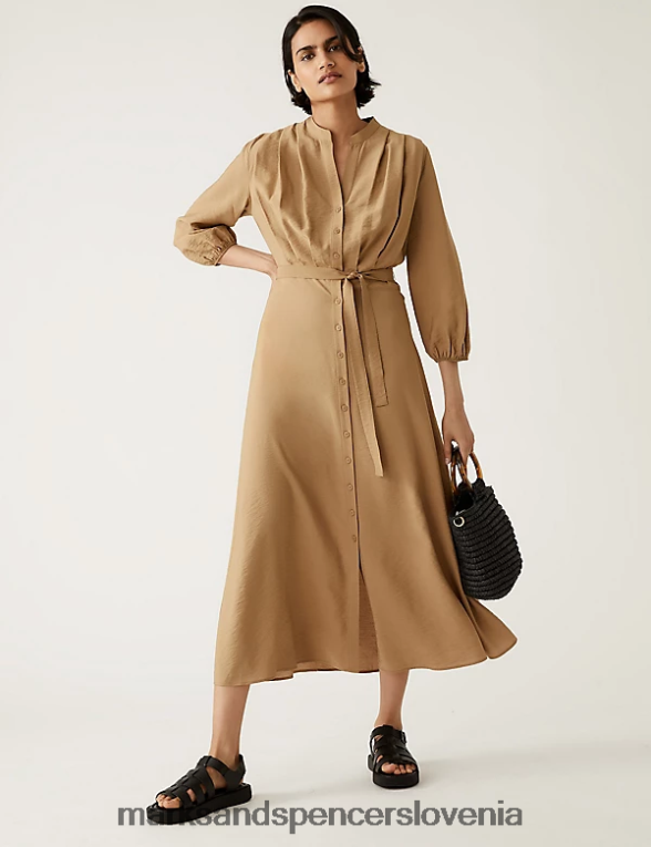 midi srajčna obleka z okroglim izrezom svetlo rjava Marks & Spencer oblačila ženske 6T8F6X1878