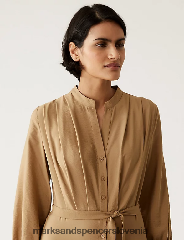 midi srajčna obleka z okroglim izrezom svetlo rjava Marks & Spencer oblačila ženske 6T8F6X1878