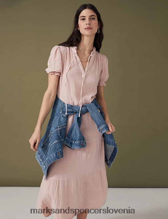 midi večplastna obleka iz čistega bombaža roza školjka Marks & Spencer oblačila ženske 6T8F6X628