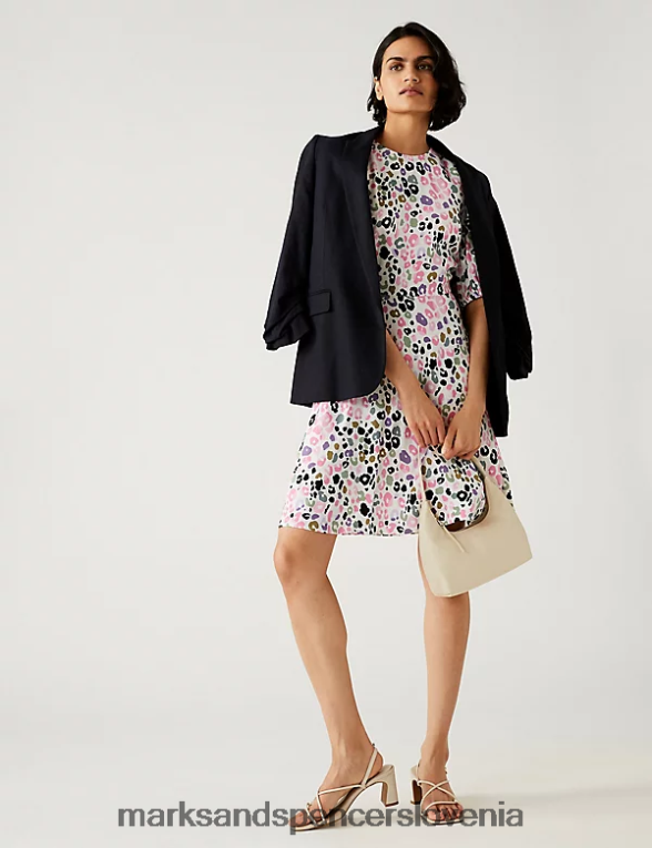mini čajna obleka s potiskom z okroglim izrezom roza mešanica Marks & Spencer oblačila ženske 6T8F6X1222