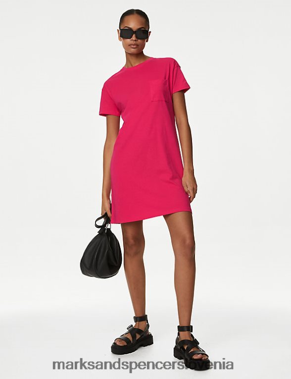 mini obleka iz čistega bombaža z okroglim izrezom roza Marks & Spencer oblačila ženske 6T8F6X3110