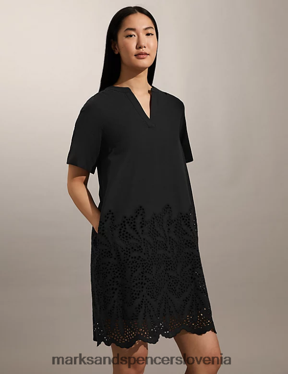 mini obleka z v-izrezom iz čistega bombaža Črna Marks & Spencer oblačila ženske 6T8F6X299