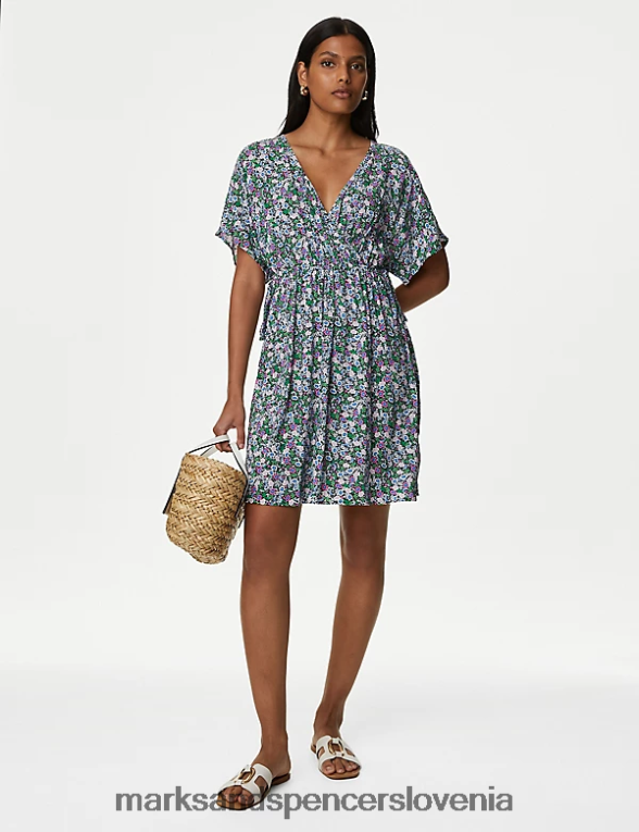 mini pasirana obleka z v-izrezom in potiskom multi Marks & Spencer oblačila ženske 6T8F6X3017