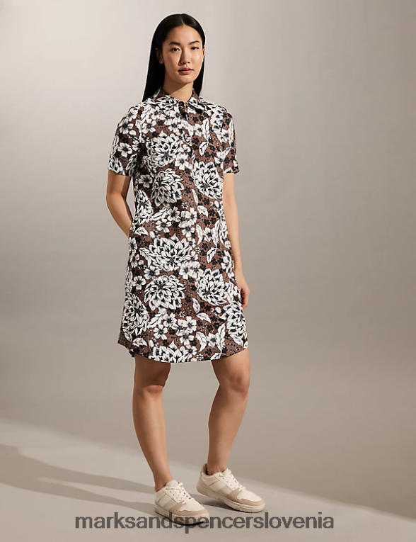 mini srajčna obleka s cvetličnim motivom iz čistega lanu čokoladna mešanica Marks & Spencer oblačila ženske 6T8F6X1759