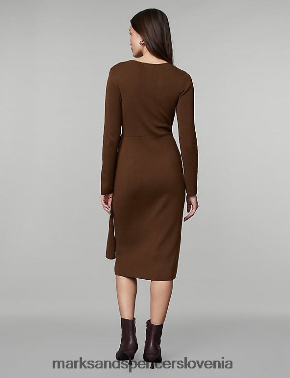 pletena midi obleka iz čiste merino volne z v-izrezom kamela Marks & Spencer oblačila ženske 6T8F6X1035