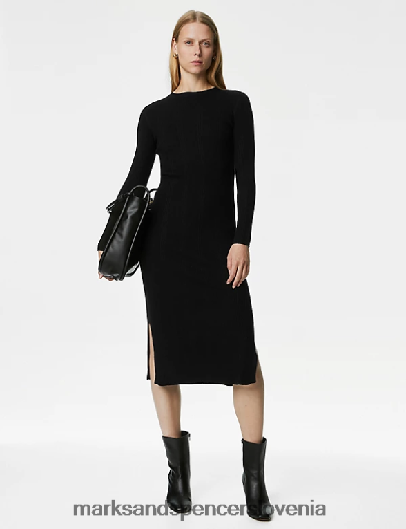 pletena midi obleka z rebrastim izrezom Črna Marks & Spencer oblačila ženske 6T8F6X1400