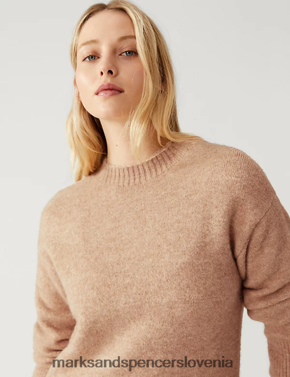 pletena obleka z okroglim izrezom kamela Marks & Spencer oblačila ženske 6T8F6X724