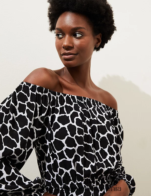 potiskana bardot midaxi obleka črna mešanica Marks & Spencer oblačila ženske 6T8F6X2614