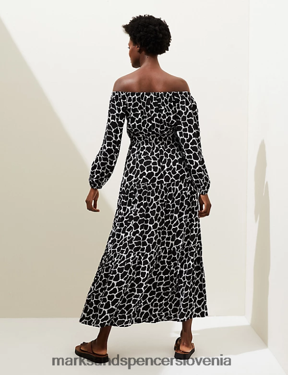potiskana bardot midaxi obleka črna mešanica Marks & Spencer oblačila ženske 6T8F6X2614