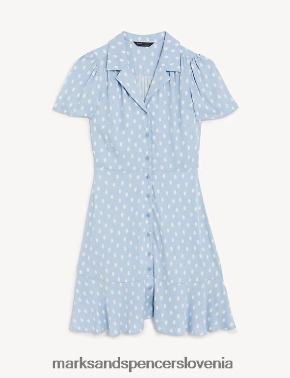 potiskana mini srajčna obleka modra mešanica Marks & Spencer oblačila ženske 6T8F6X1554