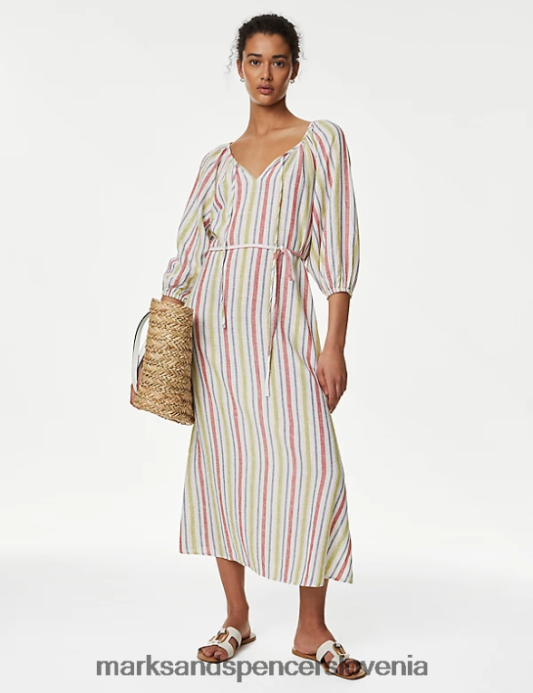 črtasta midi obleka s pasom iz mešanice lanu multi Marks & Spencer oblačila ženske 6T8F6X1431