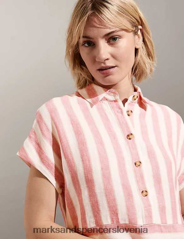 črtasta obleka do kolen iz čistega lanu roza mešanica Marks & Spencer oblačila ženske 6T8F6X1852